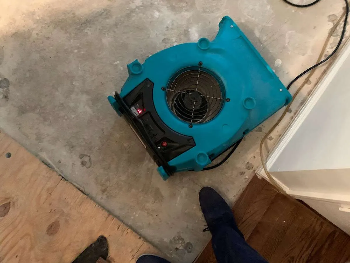 Air mover drying subfloor during Commercial Water Damage Restoration in Folsom